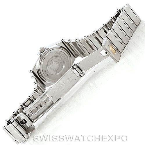 The image shows the Omega 1465.71.00 Women
s Stainless Steel Mother of Pearl Dial 1465.71.00 Women
s Stainless Steel Mother of Pearl Dial Constellation My Choice Ladies Mini Watch 1465.71.00 from the back, highlighting the bracelet and clasp.