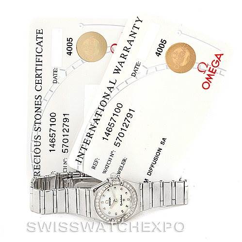 The image shows an Omega 1465.71.00 Women
s Stainless Steel Mother of Pearl Dial 1465.71.00 Women
s Stainless Steel Mother of Pearl Dial Constellation My Choice Ladies Mini Watch 1465.71.00, along with its warranty and precious stones certificates.