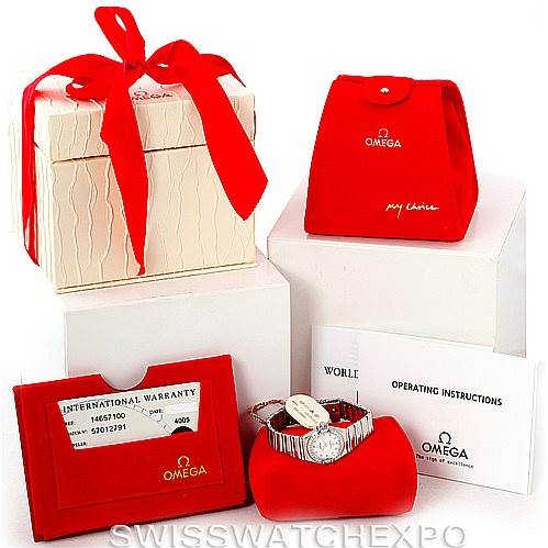 The image shows an Omega 1465.71.00 Women
s Stainless Steel Mother of Pearl Dial 1465.71.00 Women
s Stainless Steel Mother of Pearl Dial Constellation My Choice Ladies Mini Watch 1465.71.00 with its packaging, including a gift box, pouch, warranty card, and instructions.