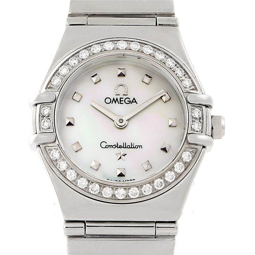 The image shows a front view of the Omega 1465.71.00 Women
s Stainless Steel Mother of Pearl Dial 1465.71.00 Women
s Stainless Steel Mother of Pearl Dial Constellation My Choice Ladies Mini Diamond Watch 1465.71.00.