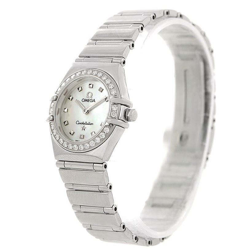 The image shows a front angled view of the Omega 1465.71.00 Women
s Stainless Steel Mother of Pearl Dial 1465.71.00 Women
s Stainless Steel Mother of Pearl Dial Constellation My Choice Ladies Mini Diamond Watch 1465.71.00, highlighting its face and bracelet.