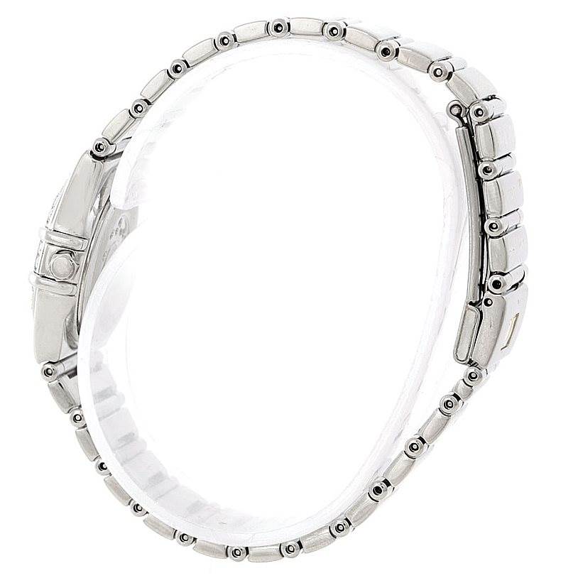 The image shows a side view of the bracelet and case of an Omega 1465.71.00 Women
s Stainless Steel Mother of Pearl Dial 1465.71.00 Women
s Stainless Steel Mother of Pearl Dial Constellation My Choice Ladies Mini Diamond Watch 1465.71.00.