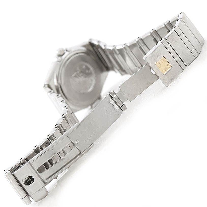 The image shows the back and clasp of the Omega 1465.71.00 Women
s Stainless Steel Mother of Pearl Dial 1465.71.00 Women
s Stainless Steel Mother of Pearl Dial Constellation My Choice Ladies Mini Diamond Watch 1465.71.00.