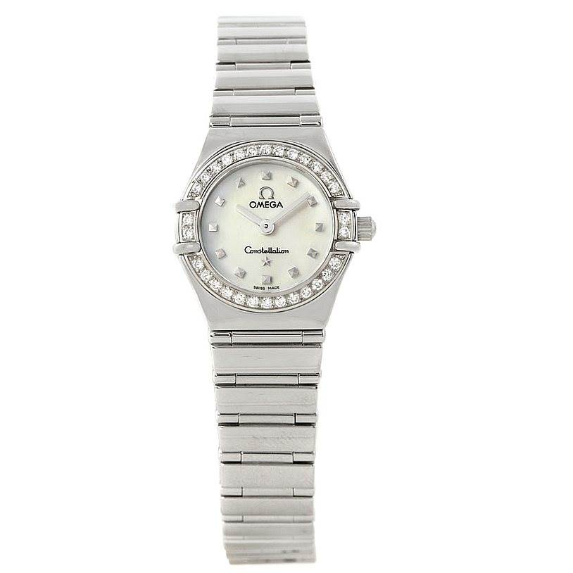 The image shows a front view of the Omega 1465.71.00 Women
s Stainless Steel Mother of Pearl Dial 1465.71.00 Women
s Stainless Steel Mother of Pearl Dial Constellation My Choice Ladies Diamond Mini Watch 1465.71.00, featuring its dial and bracelet.