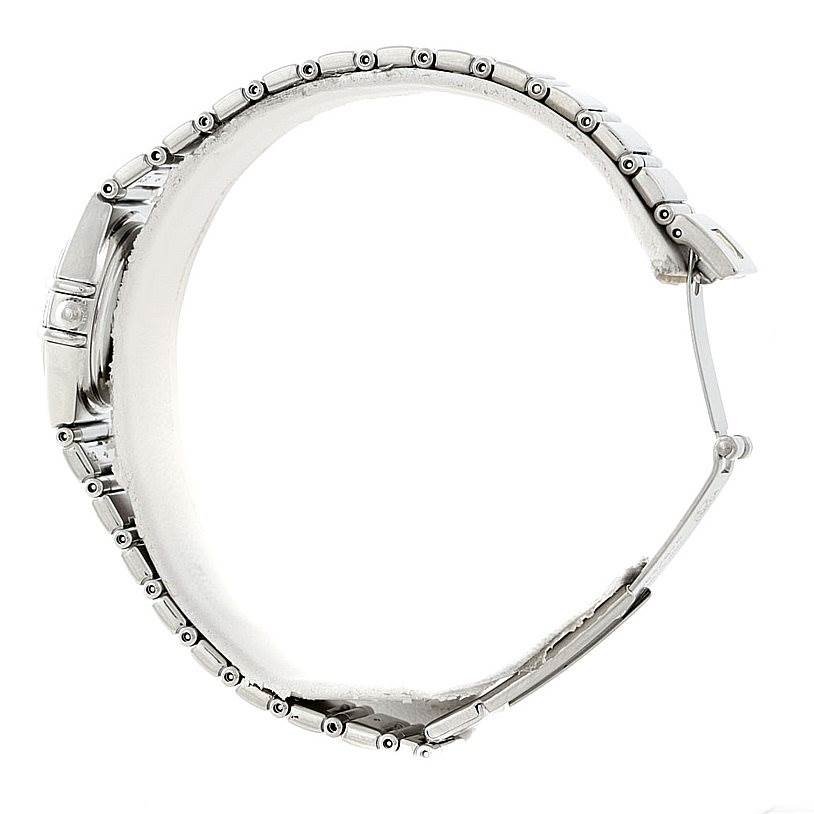 The image shows a side view of the Omega 1465.71.00 Women
s Stainless Steel Mother of Pearl Dial 1465.71.00 Women
s Stainless Steel Mother of Pearl Dial Constellation My Choice Ladies Diamond Mini Watch 1465.71.00, highlighting the clasp and bracelet.