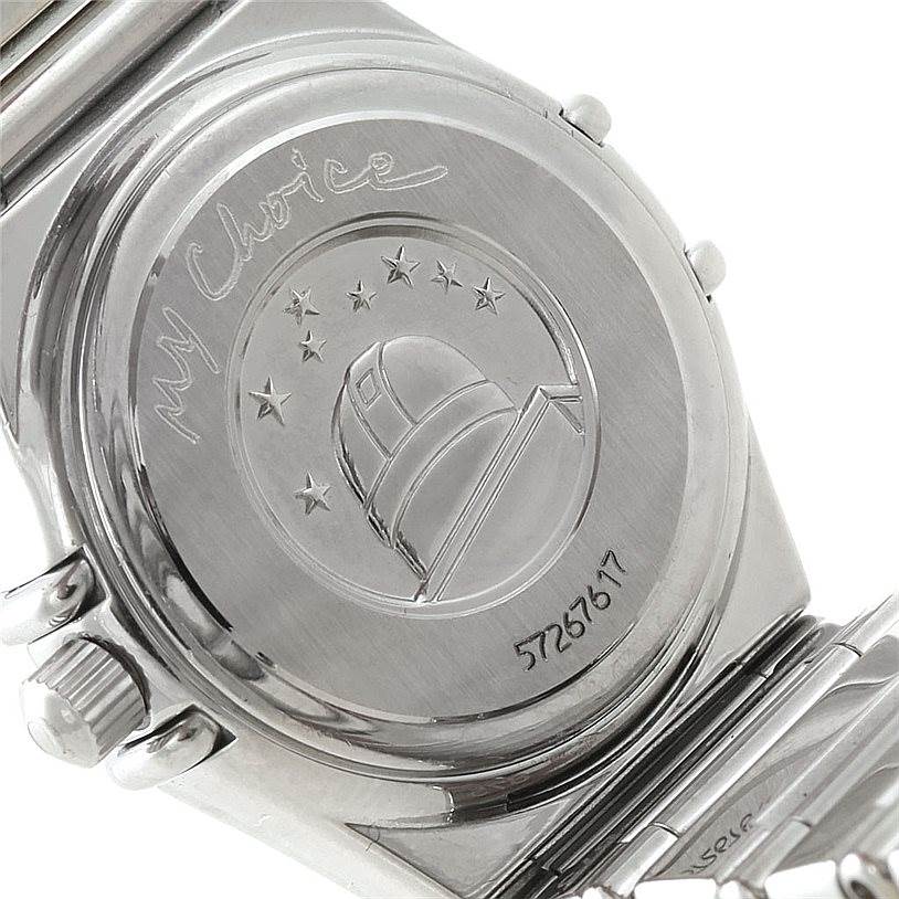 This image shows the back case of the Omega 1465.71.00 Women
s Stainless Steel Mother of Pearl Dial 1465.71.00 Women
s Stainless Steel Mother of Pearl Dial Constellation My Choice Ladies Diamond Mini Watch model 1465.71.00.