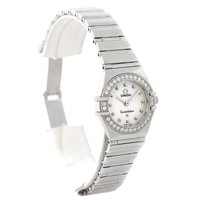 The watch is an Omega 1465.71.00 Women
s Stainless Steel Mother of Pearl Dial 1465.71.00 Women
s Stainless Steel Mother of Pearl Dial Constellation My Choice Ladies Diamond Mini Watch 1465.71.00, shown from an angled front view featuring its dial and bracelet.