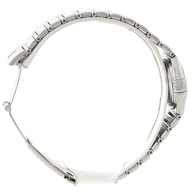 The image shows a side view of the Omega 1465.71.00 Women
s Stainless Steel Mother of Pearl Dial 1465.71.00 Women
s Stainless Steel Mother of Pearl Dial Constellation My Choice Ladies Diamond Mini Watch 1465.71.00, highlighting its bracelet and case.