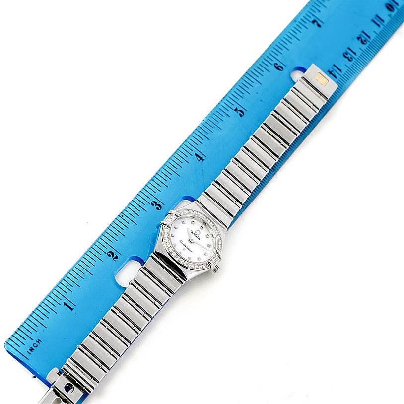 The Omega 1465.71.00 Women
s Stainless Steel Mother of Pearl Dial 1465.71.00 Women
s Stainless Steel Mother of Pearl Dial Constellation My Choice Ladies Diamond Mini Watch 1465.71.00 is shown flat with the dial and full bracelet visible.