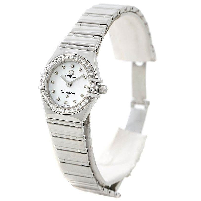 The Omega 1465.71.00 Women
s Stainless Steel Mother of Pearl Dial 1465.71.00 Women
s Stainless Steel Mother of Pearl Dial Constellation My Choice Ladies Diamond Mini Watch 1465.71.00 is shown at an angle, displaying the face, bezel, and bracelet.