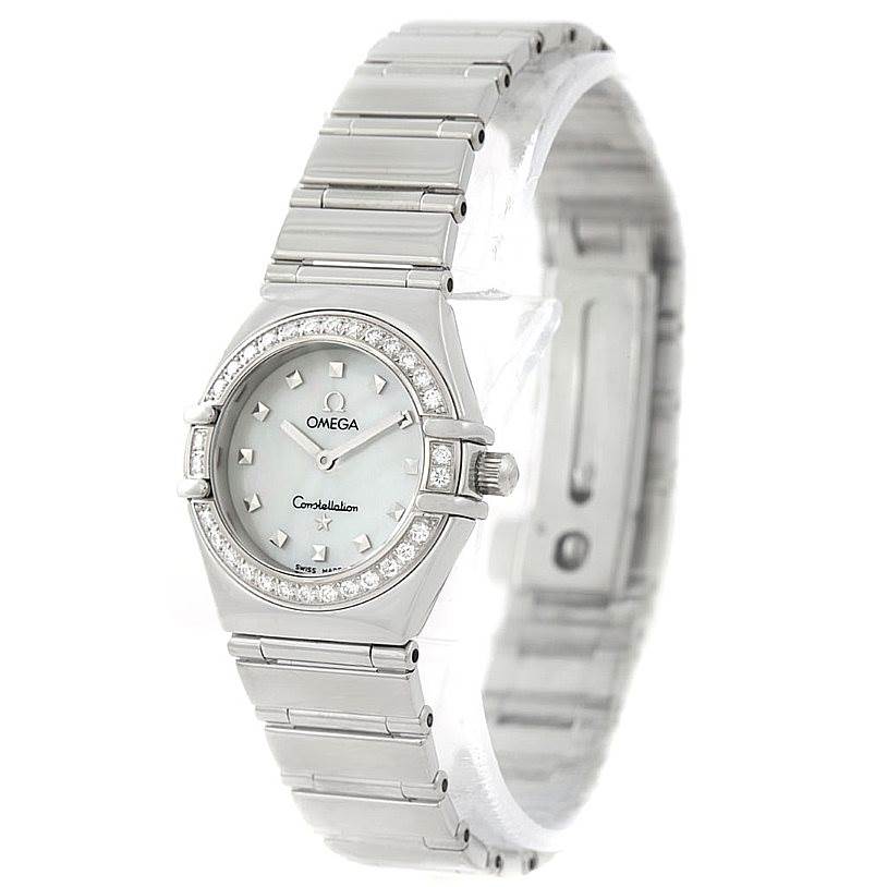 The image shows a frontal angle of the Omega 1465.71.00 Women
s Stainless Steel Mother of Pearl Dial 1465.71.00 Women
s Stainless Steel Mother of Pearl Dial Constellation My Choice Ladies Diamond Mini Watch 1465.71.00, highlighting its dial and bracelet.