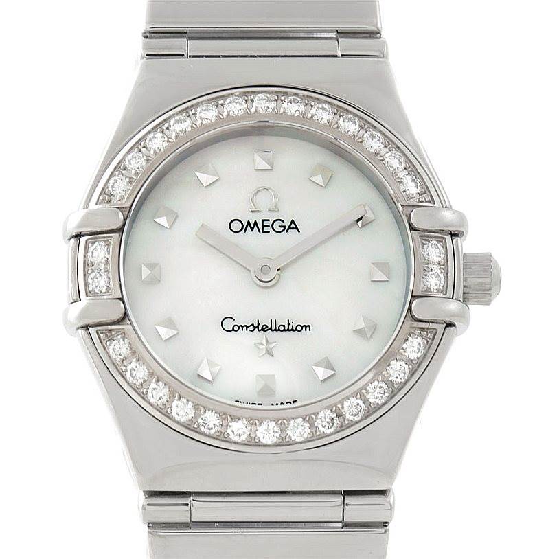 The image shows a front view of the Omega 1465.71.00 Women
s Stainless Steel Mother of Pearl Dial 1465.71.00 Women
s Stainless Steel Mother of Pearl Dial Constellation My Choice Ladies Diamond Mini Watch 1465.71.00, highlighting the face and bezel.