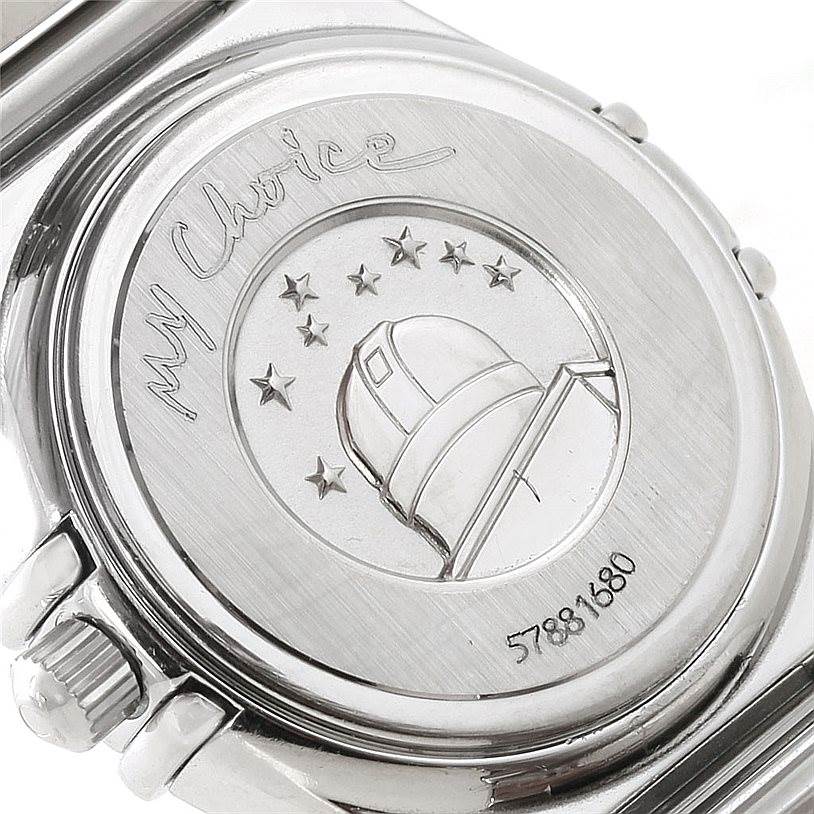 The image shows the back case of the Omega 1465.71.00 Women
s Stainless Steel Mother of Pearl Dial 1465.71.00 Women
s Stainless Steel Mother of Pearl Dial Constellation My Choice Ladies Diamond Mini Watch 1465.71.00 displaying the engravings and logo.
