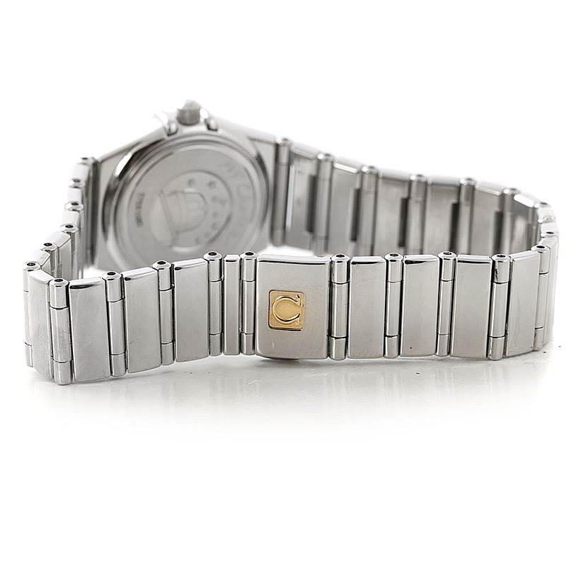 The image shows the stainless steel bracelet and case back of the Omega 1465.71.00 Women
s Stainless Steel Mother of Pearl Dial 1465.71.00 Women
s Stainless Steel Mother of Pearl Dial Constellation My Choice Ladies Diamond Mini Watch 1465.71.00 model.