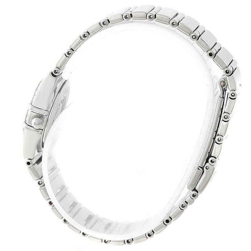 This image shows the stainless steel bracelet of the Omega 1465.71.00 Women
s Stainless Steel Mother of Pearl Dial 1465.71.00 Women
s Stainless Steel Mother of Pearl Dial Constellation My Choice Ladies Diamond Mini Watch 1465.71.00 from a side angle.
