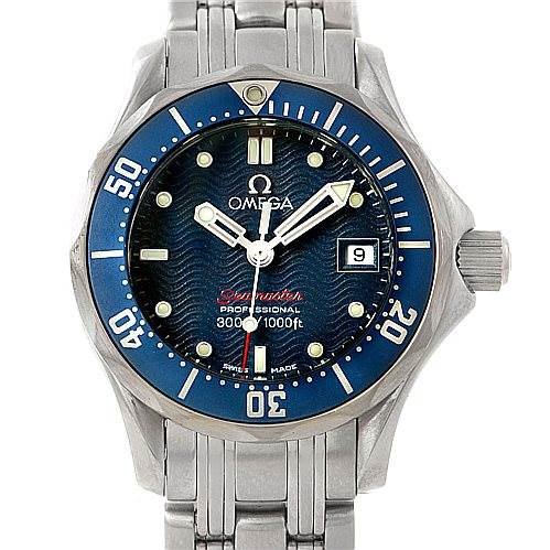 The image shows a front view of the Omega 2224.80.00 Women's Stainless Steel Blue Dial 2224.80.00 Women's Stainless Steel Blue Dial Seamaster Professional 300M Ladies Watch 2224.80.00, highlighting the dial, bezel, and bracelet.