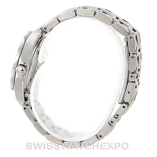 This image shows a side profile view of the Omega 2224.80.00 Women's Stainless Steel Blue Dial 2224.80.00 Women's Stainless Steel Blue Dial Seamaster Professional 300M Ladies Watch 2224.80.00, highlighting its bracelet and case.