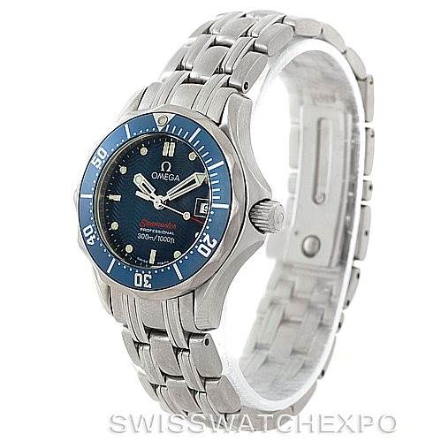 The Omega 2224.80.00 Women's Stainless Steel Blue Dial 2224.80.00 Women's Stainless Steel Blue Dial Seamaster Professional 300M Ladies Watch 2224.80.00 is shown at a slight angle, displaying the face, bezel, and bracelet.