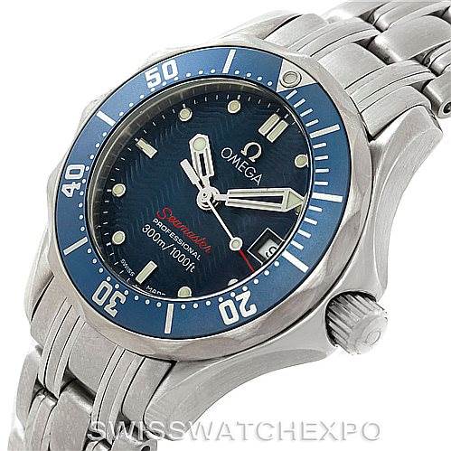 The image shows the face and partial bracelet of the Omega 2224.80.00 Women's Stainless Steel Blue Dial 2224.80.00 Women's Stainless Steel Blue Dial Seamaster Professional 300M Ladies Watch 2224.80.00, angled slightly from above.