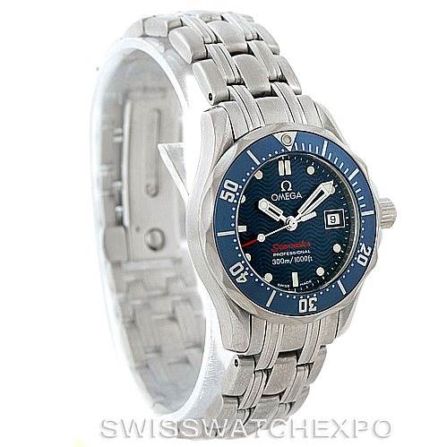 The Omega 2224.80.00 Women's Stainless Steel Blue Dial 2224.80.00 Women's Stainless Steel Blue Dial Seamaster Professional 300M Ladies Watch 2224.80.00 is shown at a side angle, highlighting the face, bezel, and bracelet.