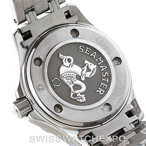 The image shows the back case of the Omega 2224.80.00 Women's Stainless Steel Blue Dial 2224.80.00 Women's Stainless Steel Blue Dial Seamaster Professional 300M Ladies Watch 2224.80.00, displaying the Seamaster logo and some bracelet links.