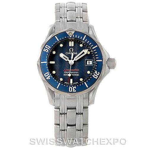 The image shows a frontal view of the Omega 2224.80.00 Women's Stainless Steel Blue Dial 2224.80.00 Women's Stainless Steel Blue Dial Seamaster Professional 300M Ladies Watch 2224.80.00, highlighting its bezel, dial, and bracelet.