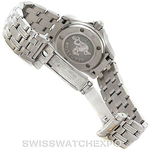 The image shows the back view of the Omega 2224.80.00 Women's Stainless Steel Blue Dial 2224.80.00 Women's Stainless Steel Blue Dial Seamaster Professional 300M Ladies Watch 2224.80.00, focusing on the clasp and bracelet.