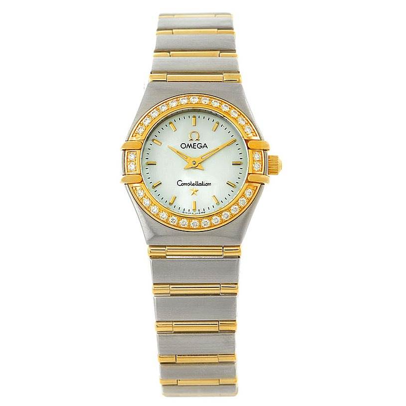 The image shows a frontal view of the Omega 1267.70.00 Women
s Steel and Gold (two tone) Mother of Pearl Dial 1267.70.00 Women
s Steel and Gold (two tone) Mother of Pearl Dial Constellation Ladies Diamond Mini Watch 1267.70.00 model, displaying its face and bracelet.