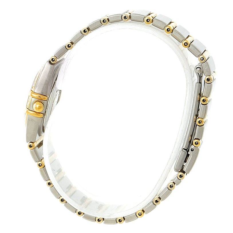 This side view shows the bracelet and clasp of the Omega 1267.70.00 Women
s Steel and Gold (two tone) Mother of Pearl Dial 1267.70.00 Women
s Steel and Gold (two tone) Mother of Pearl Dial Constellation Ladies Diamond Mini Watch 1267.70.00.