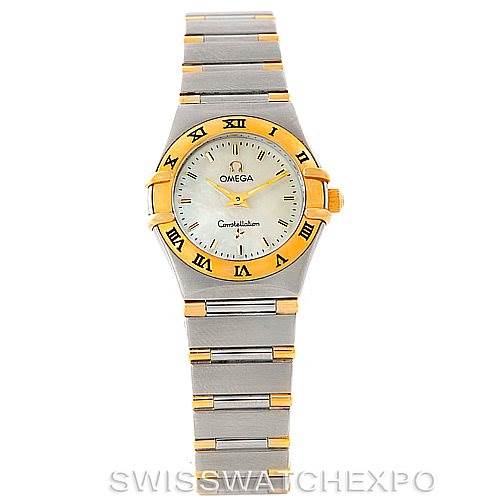 The image shows a front view of the Omega 1372.70.00 Women
s Steel and Gold (two tone) Mother of Pearl Dial 1372.70.00 Women
s Steel and Gold (two tone) Mother of Pearl Dial Constellation Steel and Gold Ladies Watch model 1372.70.00, highlighting its face and bracelet.