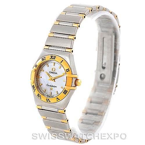 The Omega 1372.70.00 Women
s Steel and Gold (two tone) Mother of Pearl Dial 1372.70.00 Women
s Steel and Gold (two tone) Mother of Pearl Dial Constellation Steel and Gold Ladies Watch 1372.70.00 is shown in a front left angled view.