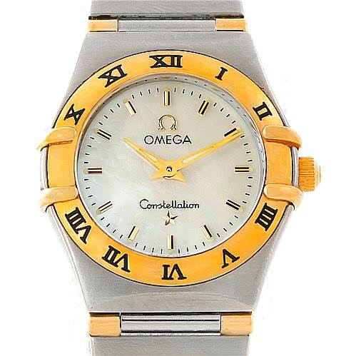 The image shows a front view of the Omega 1372.70.00 Women
s Steel and Gold (two tone) Mother of Pearl Dial 1372.70.00 Women
s Steel and Gold (two tone) Mother of Pearl Dial Constellation Steel and Gold Ladies Watch 1372.70.00, highlighting its dial and bezel.