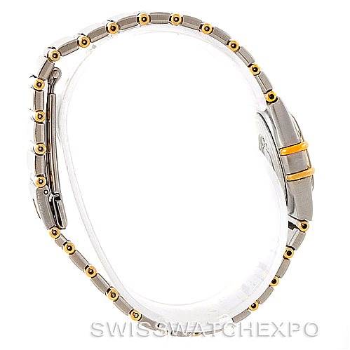 The image shows a side profile of the Omega 1372.70.00 Women
s Steel and Gold (two tone) Mother of Pearl Dial 1372.70.00 Women
s Steel and Gold (two tone) Mother of Pearl Dial Constellation Steel and Gold Ladies Watch 1372.70.00, highlighting the bracelet and clasp.