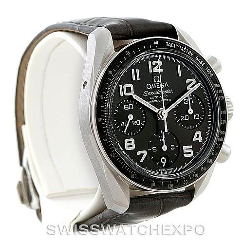 The image shows an Omega 324.33.38.40.06.001 Women's Stainless Steel Grey Dial 324.33.38.40.06.001 Women's Stainless Steel Grey Dial Speedmaster Ladies Watch model 324.33.38.40.06.001 from a side angle, highlighting the dial and strap.