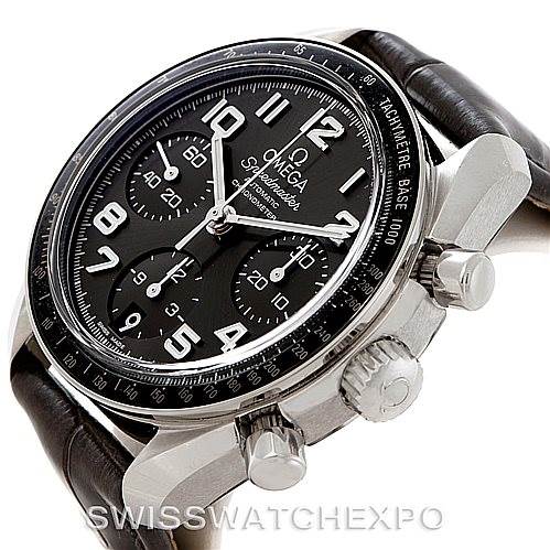 The image shows an Omega 324.33.38.40.06.001 Women's Stainless Steel Grey Dial 324.33.38.40.06.001 Women's Stainless Steel Grey Dial Speedmaster Ladies Watch 324.33.38.40.06.001 from an angled side view, highlighting the black dial, bezel, and crown.