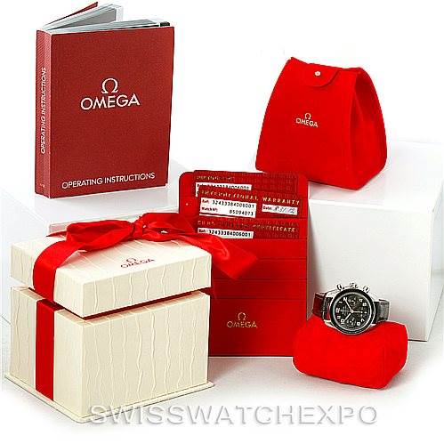 The image shows the Omega 324.33.38.40.06.001 Women's Stainless Steel Grey Dial 324.33.38.40.06.001 Women's Stainless Steel Grey Dial Speedmaster Ladies Watch 324.33.38.40.06.001 along with its packaging, warranty cards, and operating instructions.