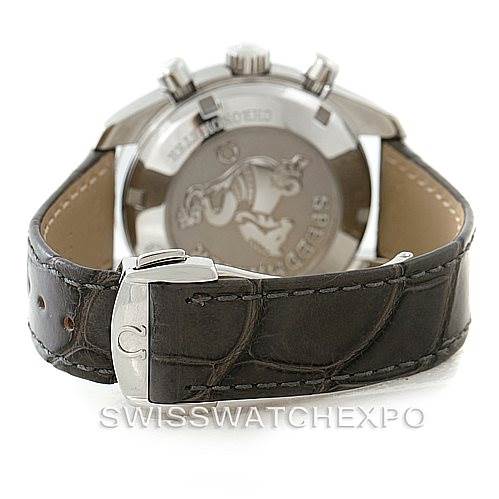 The image shows the Omega 324.33.38.40.06.001 Women's Stainless Steel Grey Dial 324.33.38.40.06.001 Women's Stainless Steel Grey Dial Speedmaster Ladies Watch 324.33.38.40.06.001 from a rear angle, highlighting the clasp and back of the case.