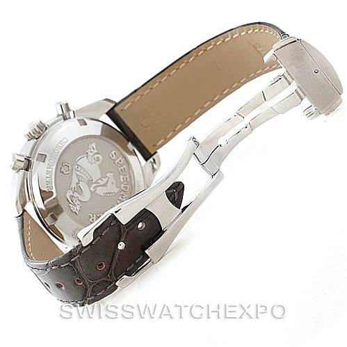 This image shows the back and strap, including the deployment clasp, of an Omega 324.33.38.40.06.001 Women's Stainless Steel Grey Dial 324.33.38.40.06.001 Women's Stainless Steel Grey Dial Speedmaster Ladies Watch 324.33.38.40.06.001 Unworn model.