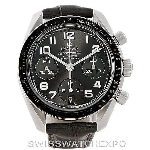 The image shows a front view of the Omega 324.33.38.40.06.001 Women's Stainless Steel Grey Dial 324.33.38.40.06.001 Women's Stainless Steel Grey Dial Speedmaster Ladies Watch 324.33.38.40.06.001, highlighting its face, bezel, and crown.