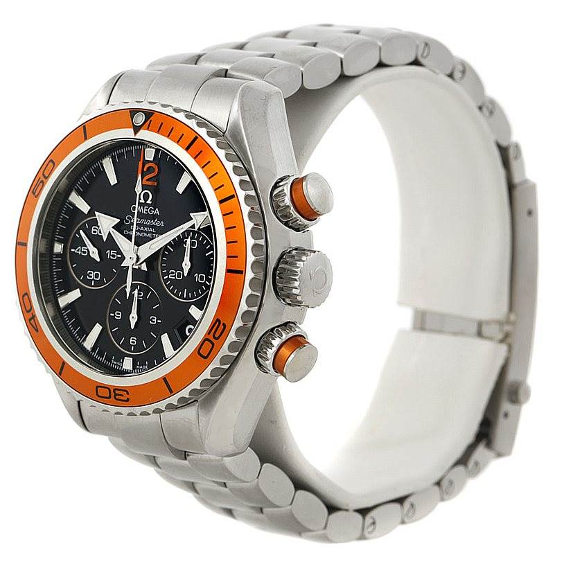 The Omega 222.30.38.50.01.002 Women
s Stainless Steel Black Dial 222.30.38.50.01.002 Women
s Stainless Steel Black Dial Seamaster Planet Ocean Ladies Watch 222.30.38.50.01.002 is shown at a front-side angle, highlighting the bezel, dial, and bracelet.