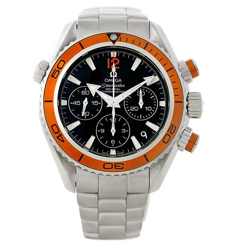 The image shows a front view of the Omega 222.30.38.50.01.002 Women
s Stainless Steel Black Dial 222.30.38.50.01.002 Women
s Stainless Steel Black Dial Seamaster Planet Ocean Ladies Watch 222.30.38.50.01.002 with an orange bezel and silver bracelet.