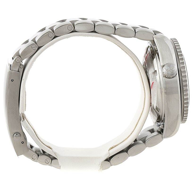 The image shows the side view of the case and bracelet of the Omega 222.30.38.50.01.002 Women
s Stainless Steel Black Dial 222.30.38.50.01.002 Women
s Stainless Steel Black Dial Seamaster Planet Ocean Ladies Watch 222.30.38.50.01.002 Unworn model.