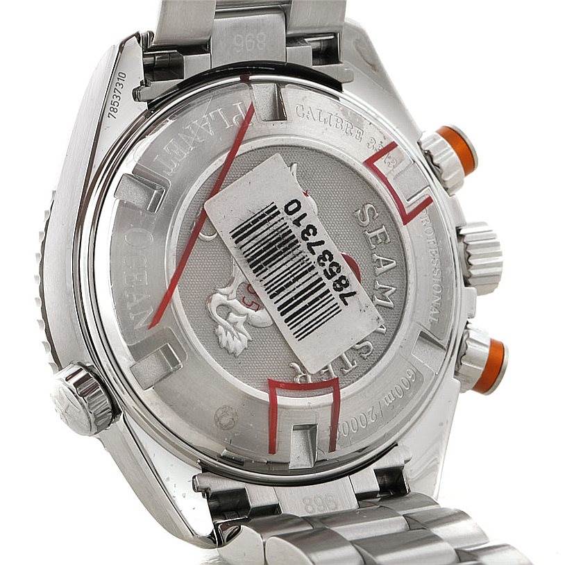 This image shows the back and part of the bracelet of the Omega 222.30.38.50.01.002 Women
s Stainless Steel Black Dial 222.30.38.50.01.002 Women
s Stainless Steel Black Dial Seamaster Planet Ocean Ladies Watch 222.30.38.50.01.002 Unworn model.