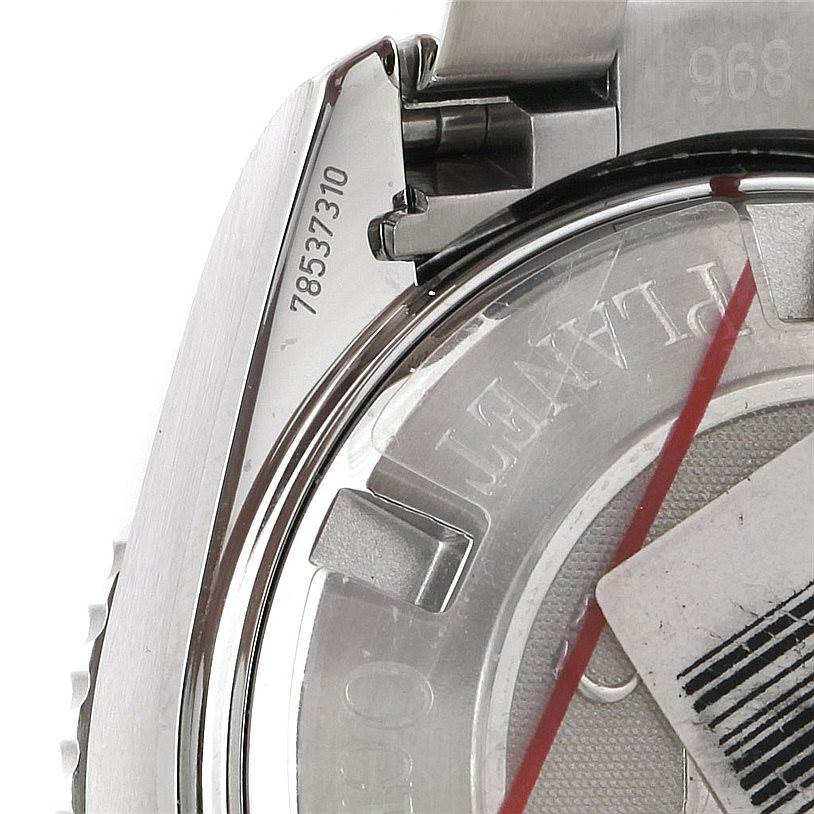 This image shows a close-up of the side and back of the Omega 222.30.38.50.01.002 Women
s Stainless Steel Black Dial 222.30.38.50.01.002 Women
s Stainless Steel Black Dial Seamaster Planet Ocean Ladies Watch 222.30.38.50.01.002.