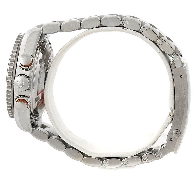 The image shows a side view of an Omega 222.30.38.50.01.002 Women
s Stainless Steel Black Dial 222.30.38.50.01.002 Women
s Stainless Steel Black Dial Seamaster Planet Ocean Ladies Watch 222.30.38.50.01.002, highlighting its bracelet and crown.