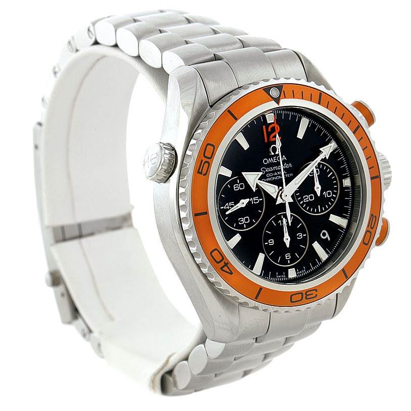 The image shows a side and front angle of the Omega 222.30.38.50.01.002 Women
s Stainless Steel Black Dial 222.30.38.50.01.002 Women
s Stainless Steel Black Dial Seamaster Planet Ocean Ladies Watch 222.30.38.50.01.002 with a stainless steel bracelet and an orange bezel.