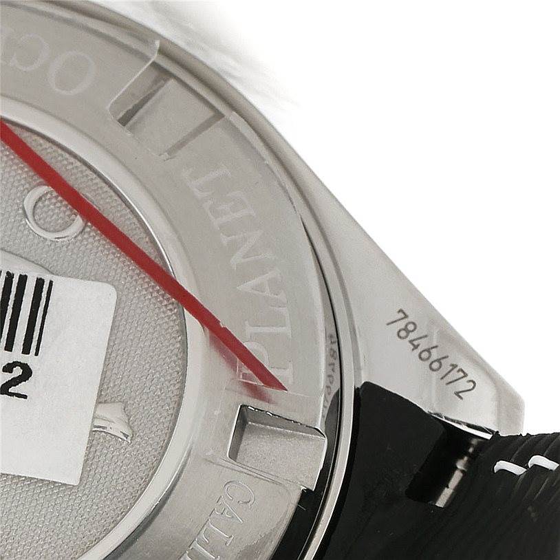 This image shows a close-up of the case back and part of the strap of an Omega 222.32.38.50.01.001 Women's Stainless Steel Black Dial 222.32.38.50.01.001 Women's Stainless Steel Black Dial Seamaster Planet Ocean Ladies Watch 222.32.38.50.01.001.