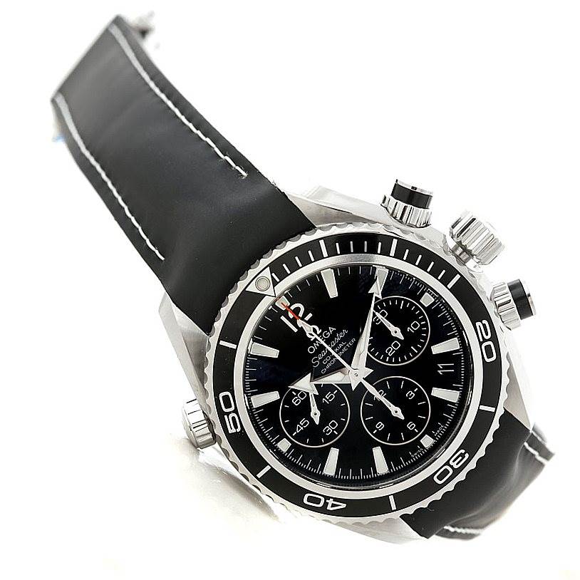 The image shows an angled view of the Omega 222.32.38.50.01.001 Women's Stainless Steel Black Dial 222.32.38.50.01.001 Women's Stainless Steel Black Dial Seamaster Planet Ocean Ladies Watch 222.32.38.50.01.001, highlighting the dial, bezel, and strap.