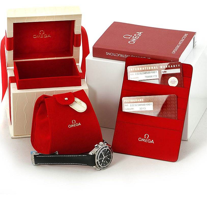 The image shows the Omega 222.32.38.50.01.001 Women's Stainless Steel Black Dial 222.32.38.50.01.001 Women's Stainless Steel Black Dial Seamaster Planet Ocean Ladies Watch 222.32.38.50.01.001, with its box, pouch, manual, and warranty cards.