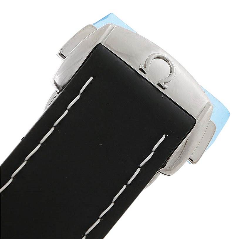 The image shows the clasp and part of the black strap of the Omega 222.32.38.50.01.001 Women's Stainless Steel Black Dial 222.32.38.50.01.001 Women's Stainless Steel Black Dial Seamaster Planet Ocean Ladies Watch 222.32.38.50.01.001.